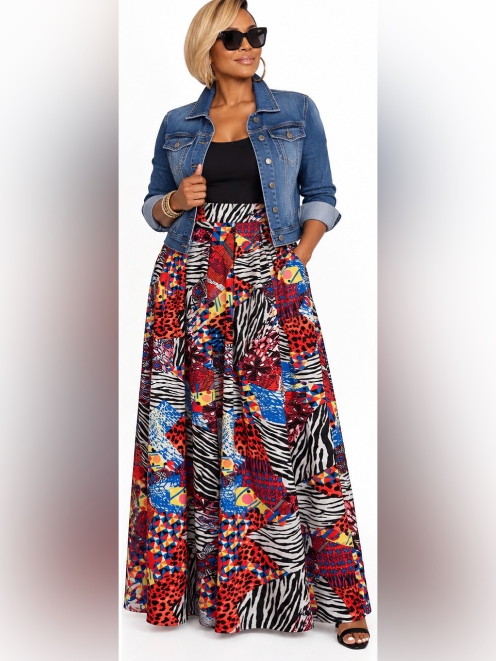 Women's Multicolor Patchwork Maxi Skirt - Bold Red & Blue Print